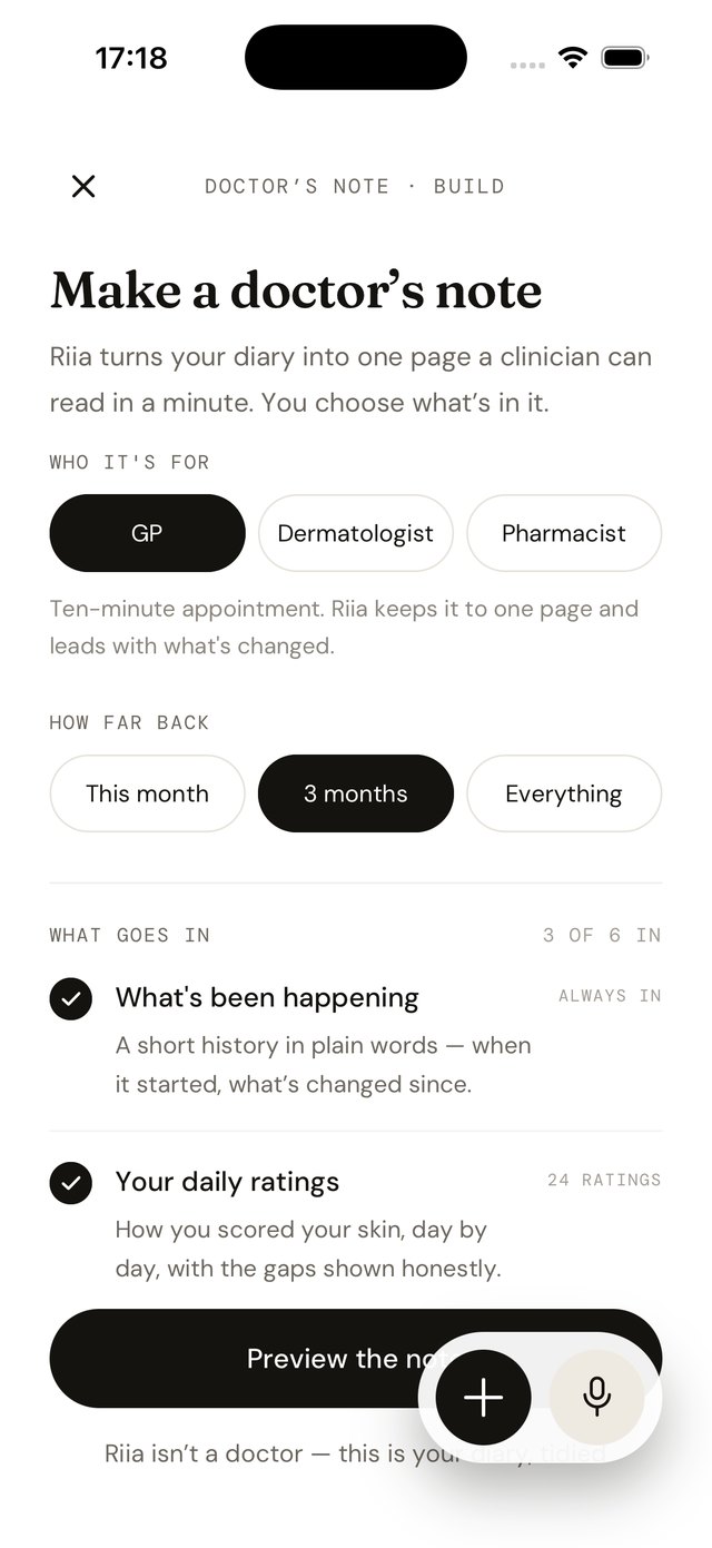 Riia — make a doctor's note: one page a clinician can read in a minute