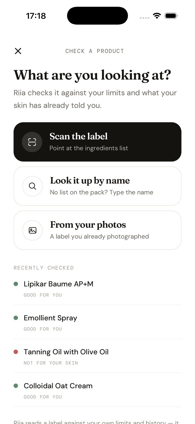 Riia — check a product: scan the label or type its name