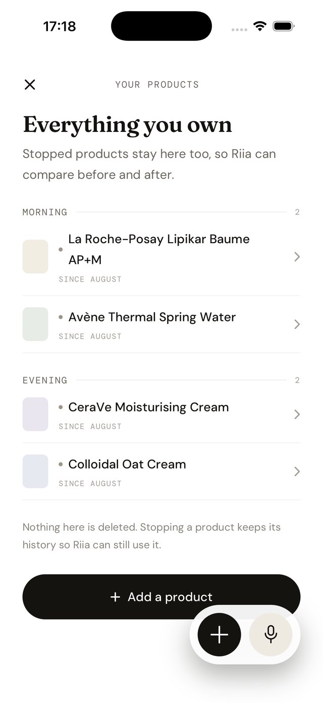 Riia — your product shelf: everything you own, with a rating and notes